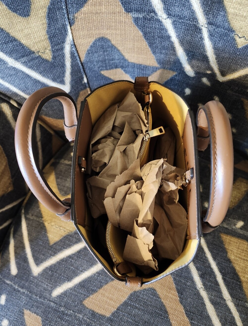 Furla Gilda Cognac Brown Leather Mini Tote Handbag NWOT Mustard Suede Giftable - Picture 2 of 10